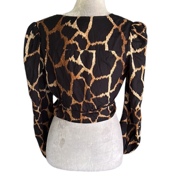 MILLY Wynona Giraffe Printed Wrap Tie Waist Puff Sleeve Cropped Linen Blouse - S - Picture 10 of 16